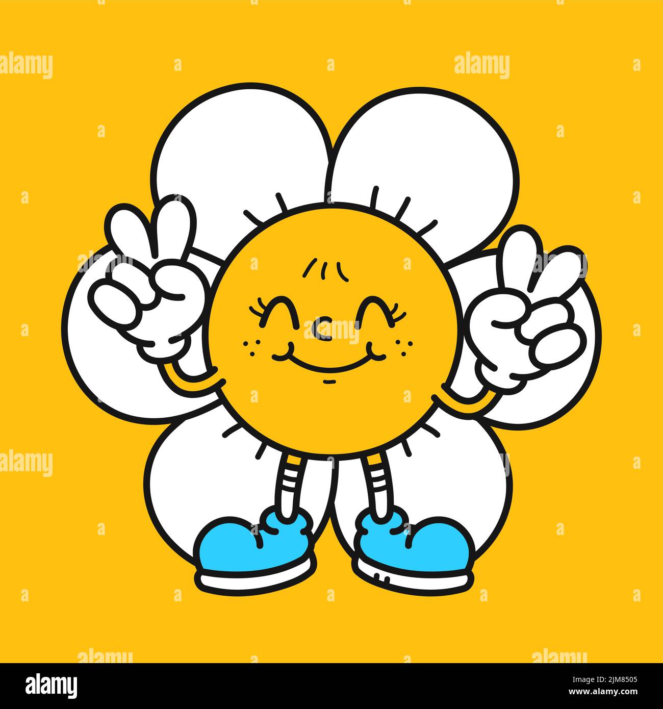 Carino divertente fiore mostra pace gesto t-shirt stampa design. Vettore retrò vintage cartoon personaggio illustrazione. Divertente fiore hippie, stampa camomilla per t-shirt, poster, adesivo, logo art concept Illustrazione Vettoriale