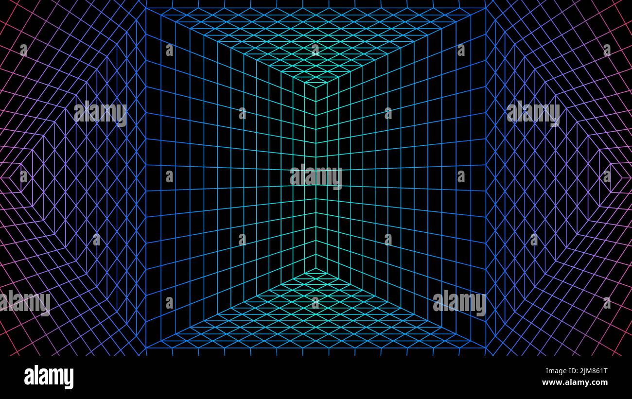 Sfondo geometrico a griglia con mesh in stile neon 80s. Synthwave o sfondo retrofondante astratto con griglia di computer retrò. Illustrazione Vettoriale