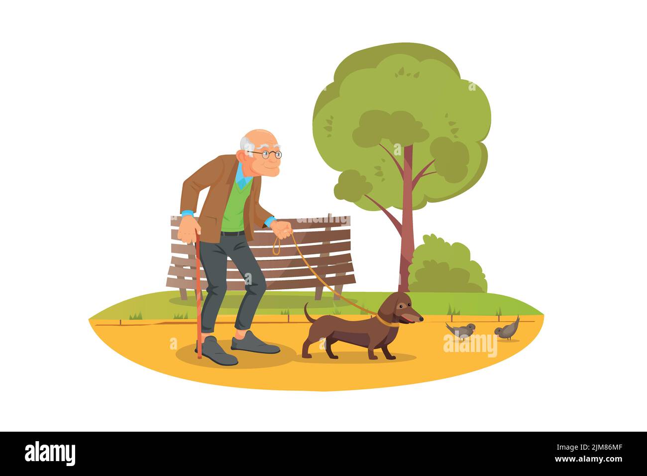 uomo vecchio che cammina con la mascotte del cane su uno sfondo del parco Illustrazione Vettoriale