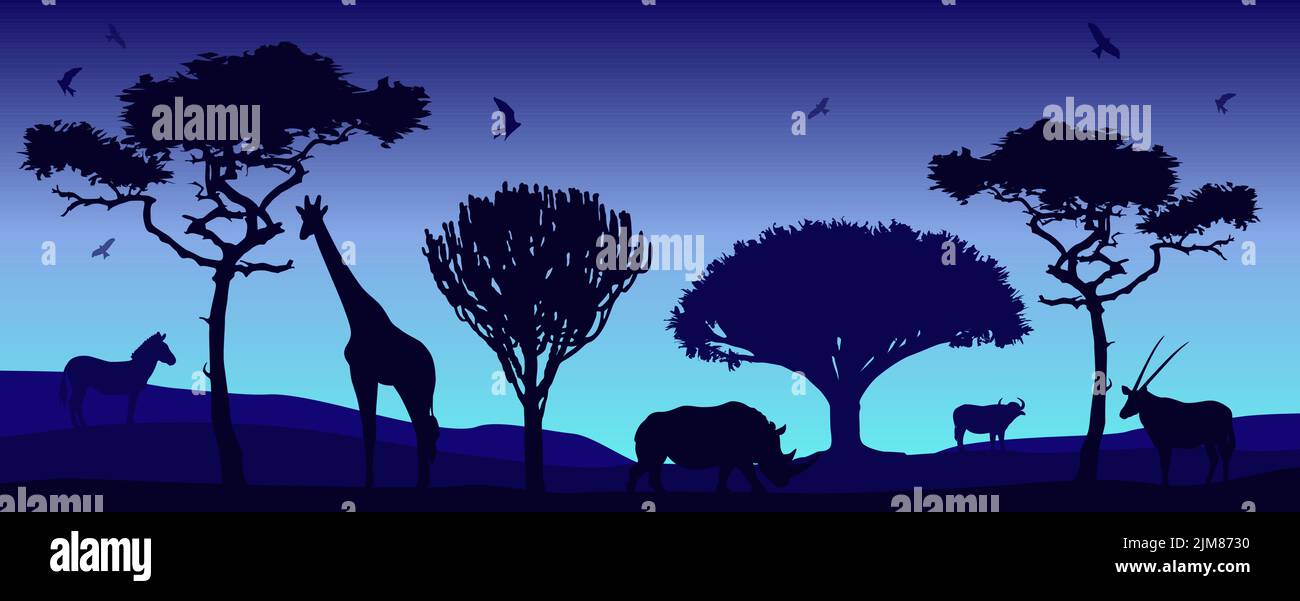 Arte moderna con silhouette di animali africani. Illustrazione Vettoriale