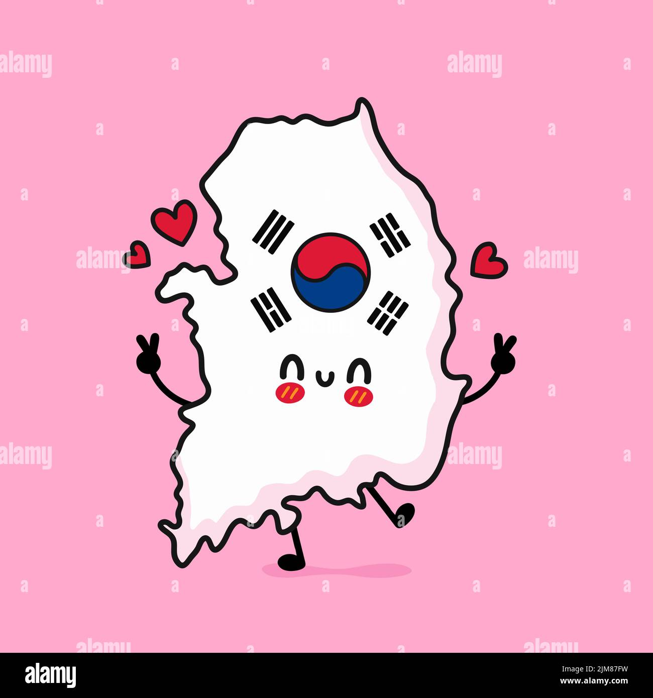 Simpatico divertente sorridente felice Corea del Sud mappa e carattere bandiera. Disegno dell'icona di illustrazione del carattere del cartone animato vettoriale. Concetto di schema della mappa della Corea del Sud Illustrazione Vettoriale