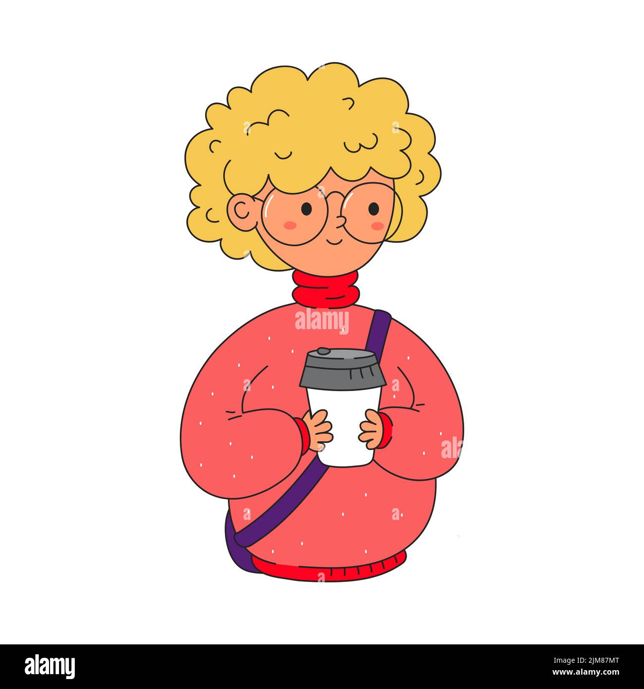 Divertente hipster studentessa bere caffè. Vettore trendy Doodle cartoon stile icona illustrazione personaggio. Moda ragazza alla moda. Isolato su sfondo bianco Illustrazione Vettoriale