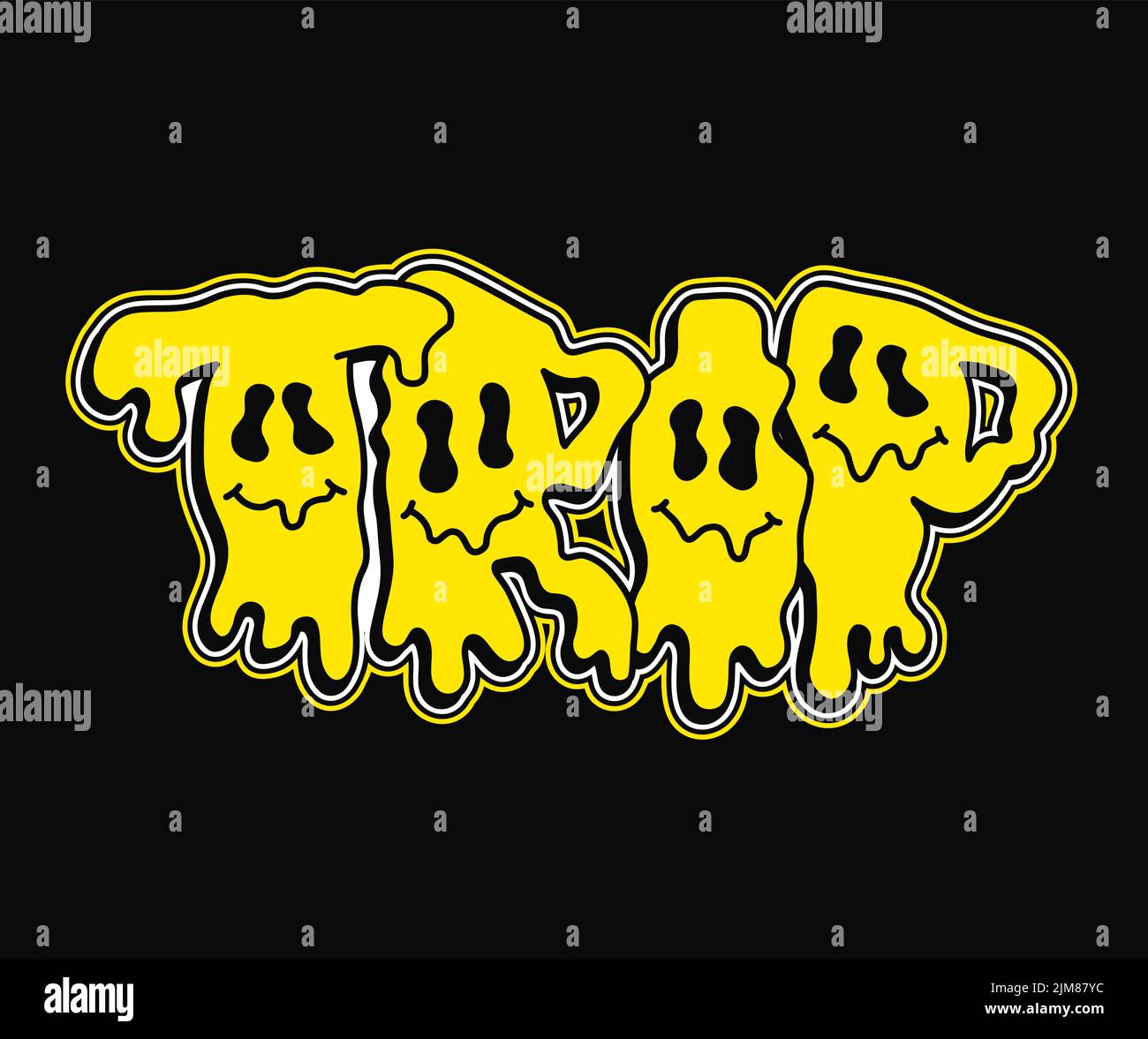 Citazione di viaggio, stampa del viso di Melt Emoji per t-shirt.Vector illustrazione del carattere di fumetto disegnata a mano.testo di viaggio.lettere trippy divertenti, stampa di moda acida per t-shirt, poster, concetto di arte del logo Illustrazione Vettoriale