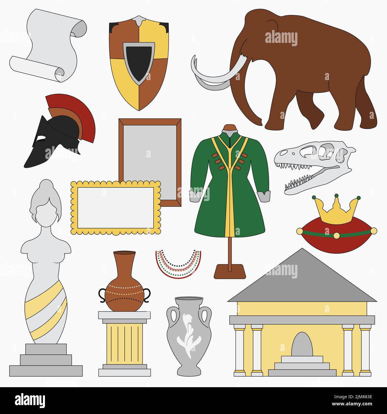Set vettoriale piatto di mostre isolate del museo. Illustrazione Vettoriale