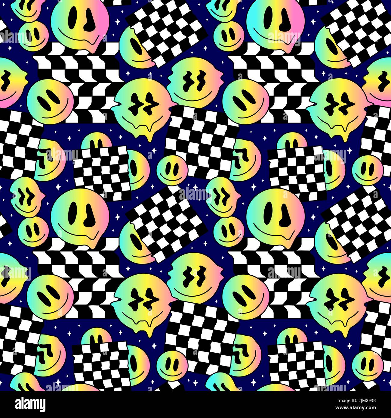 Funny Melt Smile sfumatura facce geometria senza giunture pattern.Vector pazzo cartoon personaggio illustrazione.Smile techno volti sciogliendo acido, trippy, celle, techno, spazio senza giunture modello sfondo concetto di stampa Illustrazione Vettoriale