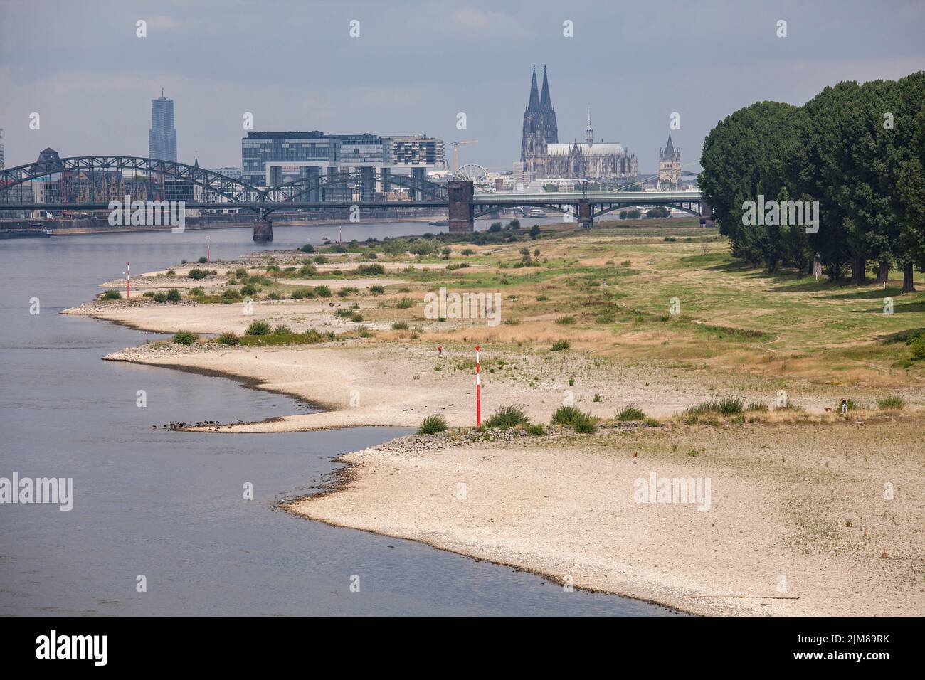 Acque basse del fiume Reno, 26 luglio 2022, rive del fiume Reno a Colonia-poll, vista sul porto Rheinau e la cattedrale, Colonia, Germania. Foto Stock