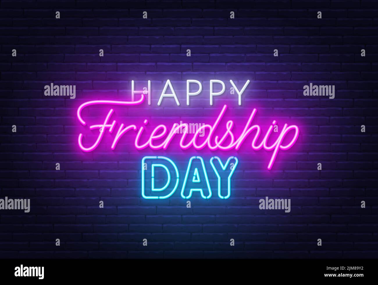 Scritta al neon Happy Friendship Day su sfondo muro di mattoni. Illustrazione Vettoriale