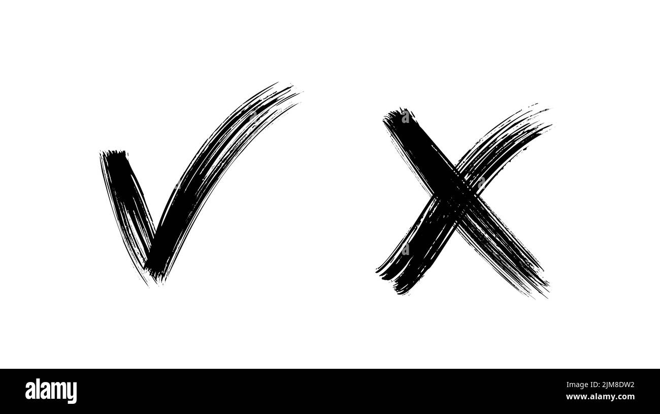 Pennello dipinto sì e senza segni di spunta. Segno di spunta e croce in bianco e nero. Icone di approvazione e rifiuto votate disegnate. Emblemi X e V. Illustrazione Vettoriale
