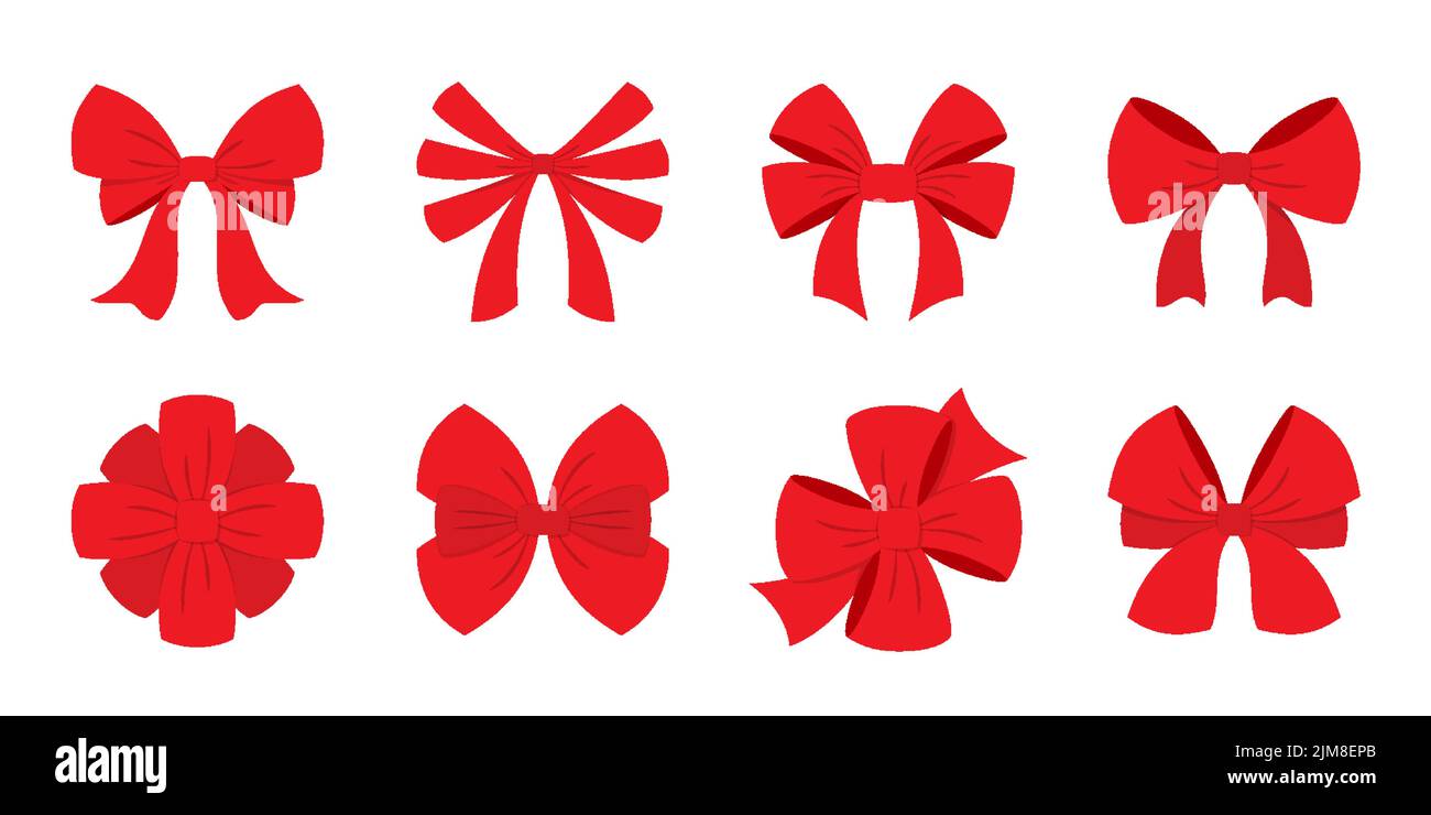 Rosso fiocco festa regalo nastro xmas set piatto. Decorazione evento importante presente segno attenzione. Differente cravatta forma decor camera prodotto matrimonio vacanza confezione elemento San Valentino amore isolato Illustrazione Vettoriale