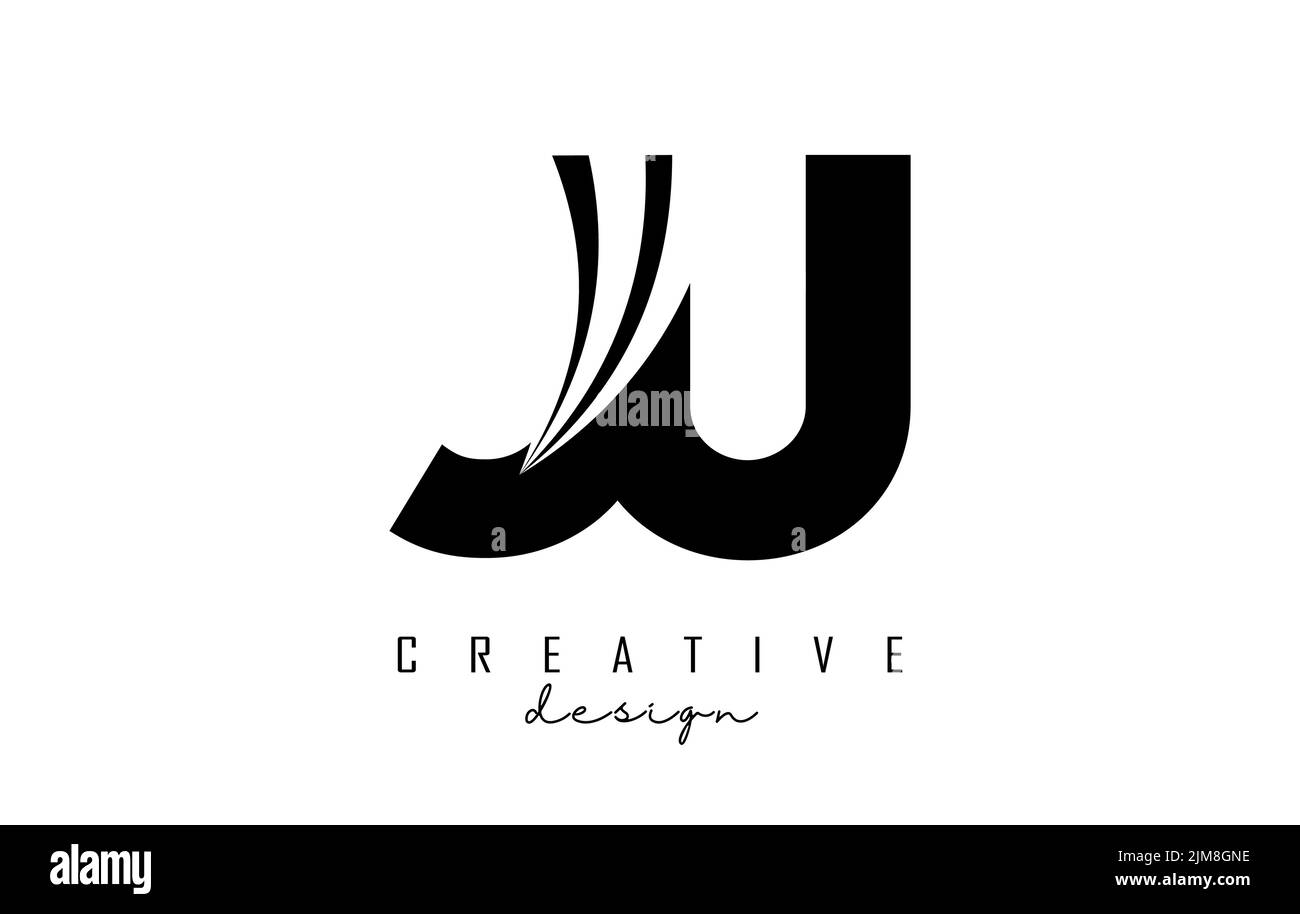 Logo JU J u in lettere nere con linee di punta e design Road concept. Lettere con disegno geometrico. Illustrazione vettoriale con lettera e creat Illustrazione Vettoriale