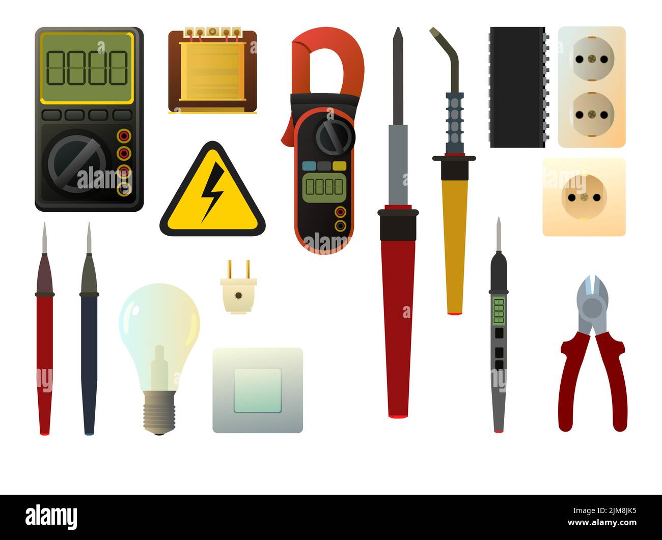 Set di attrezzi per elettricista. Riparazione di apparecchiature radio elettroniche e a microprocessore. Componenti di ricambio e assistenza. Isolato su backgroun bianco Illustrazione Vettoriale
