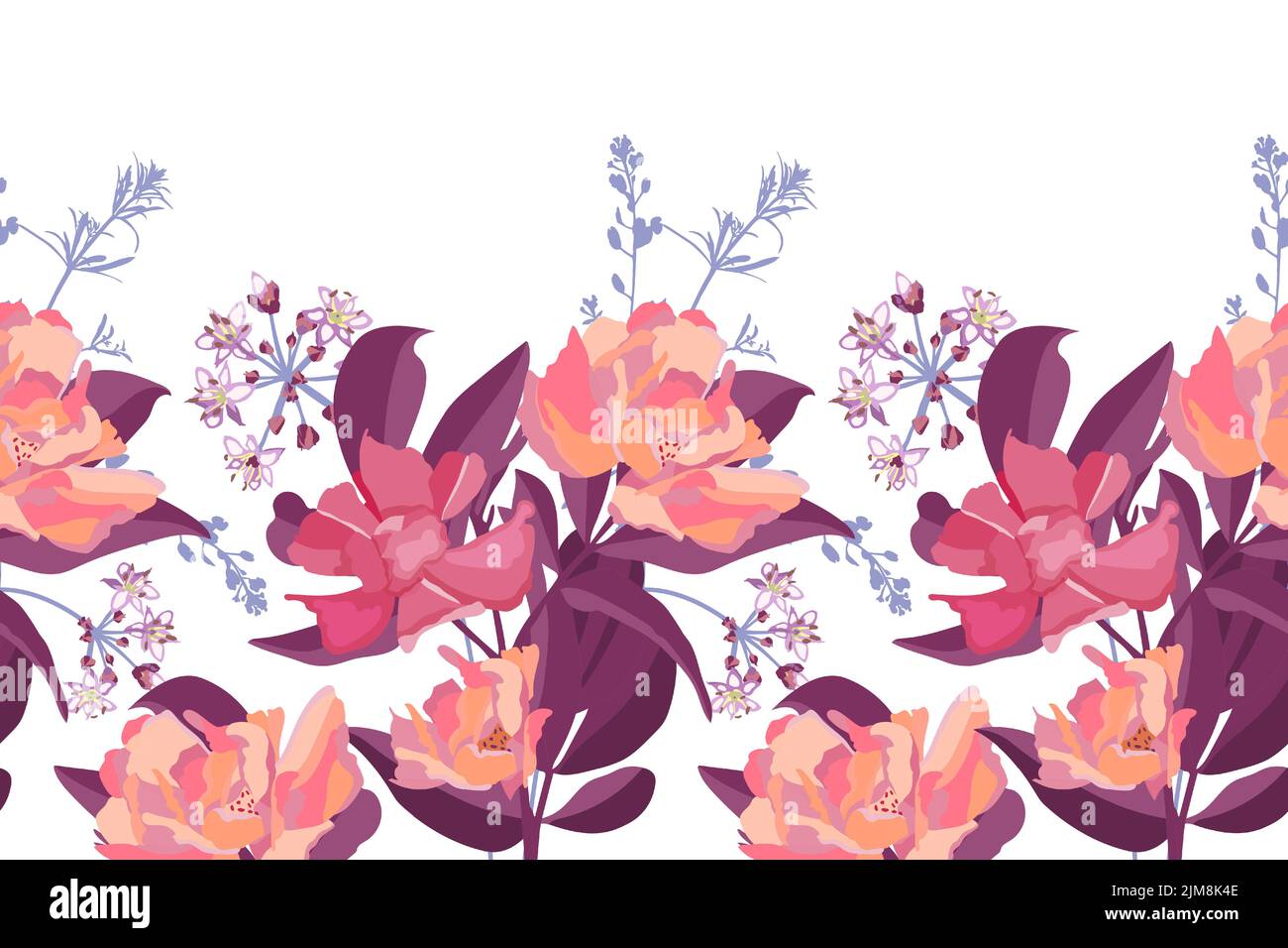 Motivo floreale vettoriale senza cuciture, bordo. Illustrazione panoramica orizzontale con fiori rosa su sfondo bianco. Illustrazione Vettoriale