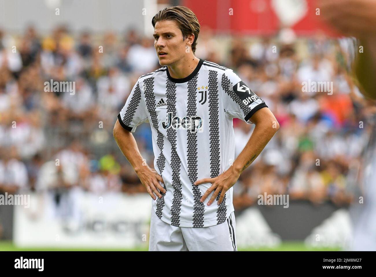 Nicolo Fagioli della Juventus FC durante la prematura amichevole tra Juventus A e Juventus B a campo Comunale Gaetano Scurea a Villar Perosa Foto Stock