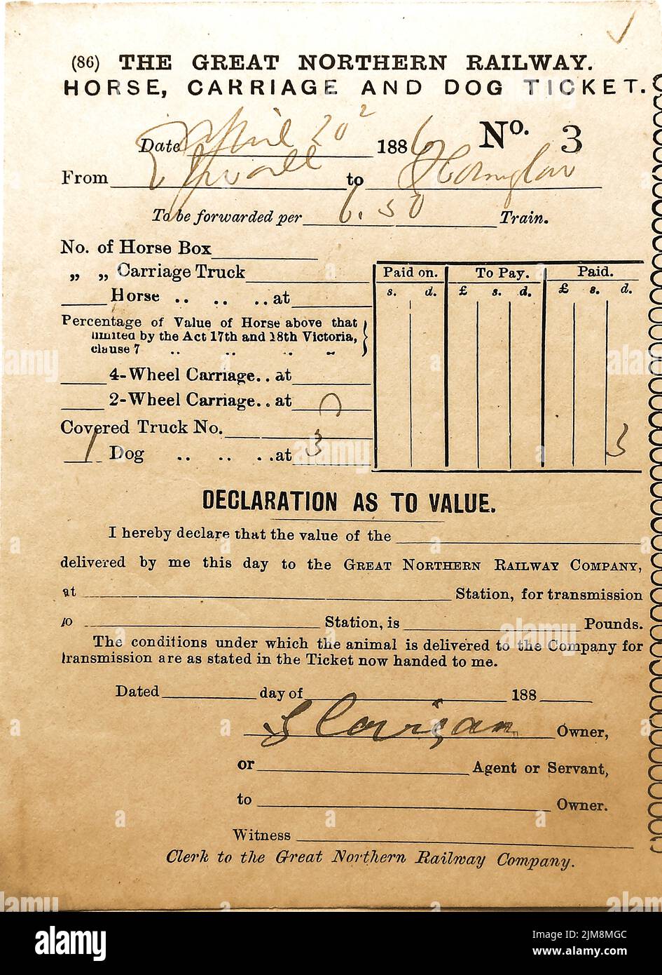 1886 Great Northern Railway (UK) -un biglietto per cavalli, carrozza o cane (No.3) firmato dal proprietario G Corrigan. Foto Stock