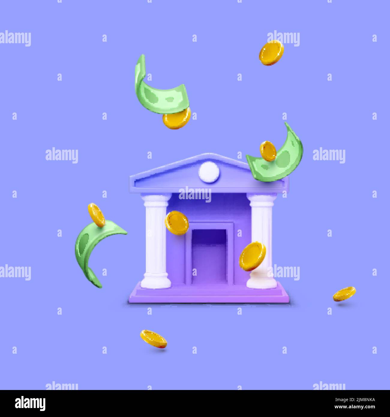 3d costruzione di banche e monete in caduta e la valuta cartacea. 3d icona banca realistica isolata su viola. Transazione di denaro o concetto di risparmio. Vettore illustraz Illustrazione Vettoriale