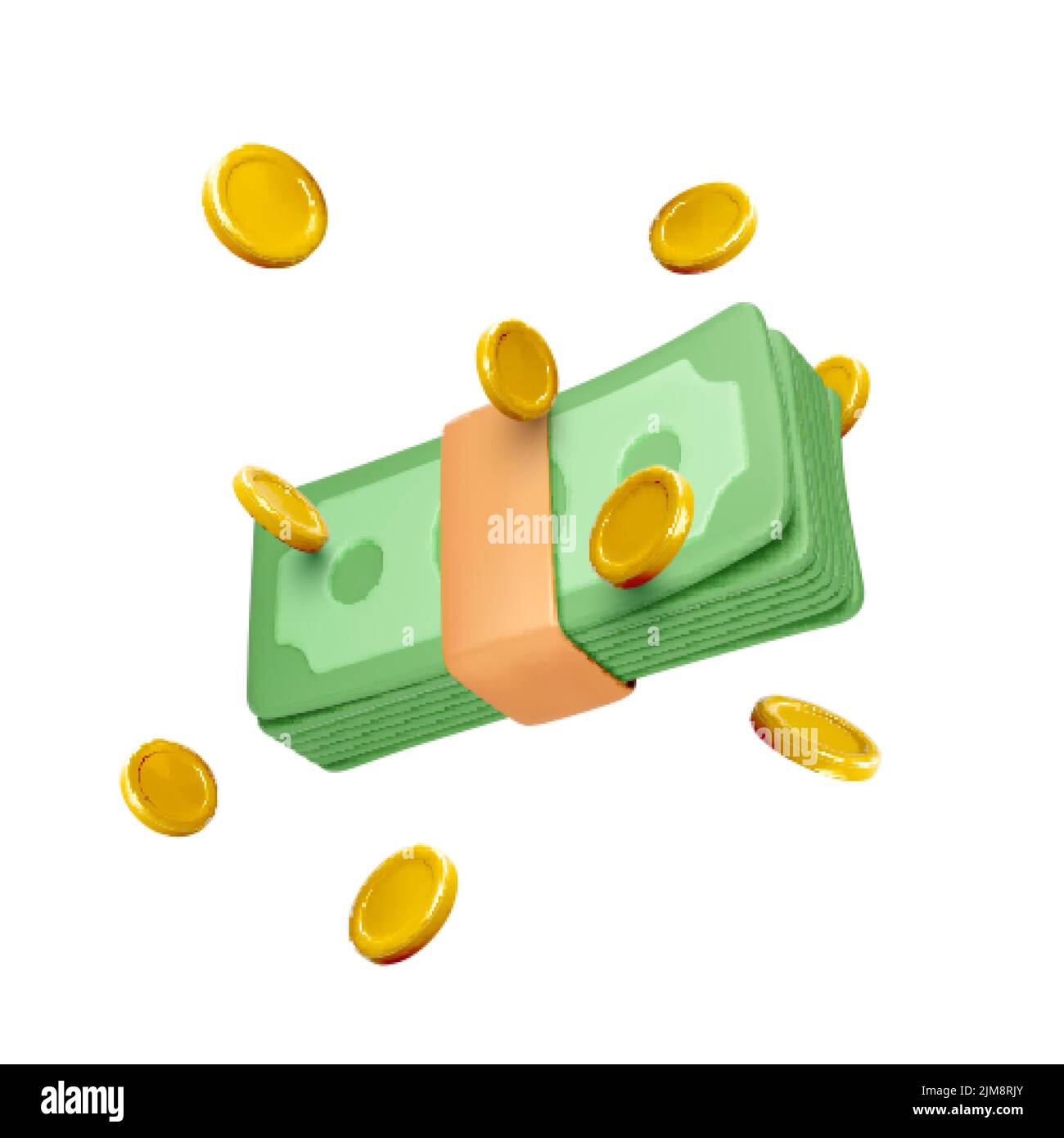 Confezione di denaro in stile cartone animato realistico del 3D. Wad di contanti e monete d'oro in caduta. Profitto di affari o vincita del jackpot del casino. Illustrazione vettoriale isolata su w Illustrazione Vettoriale