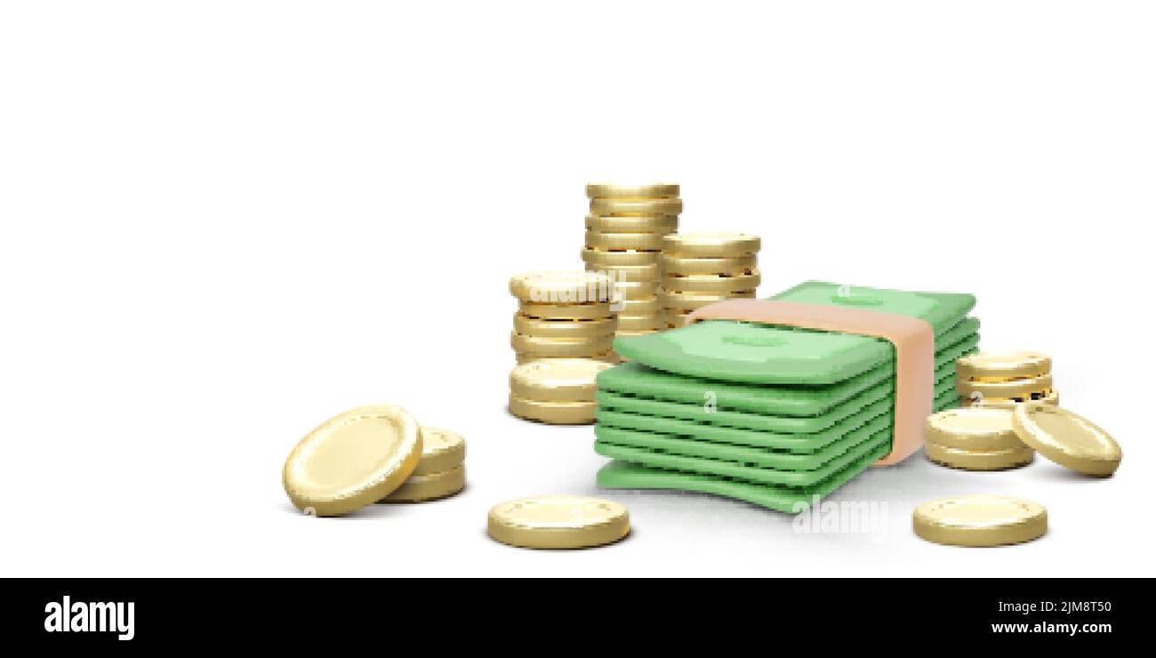 Pila di soldi in 3D stile realistico del cartone animato. Bollette verdi in dollari e monete d'oro isolate su sfondo bianco. Oggetto business per banner. Vettore illus Illustrazione Vettoriale