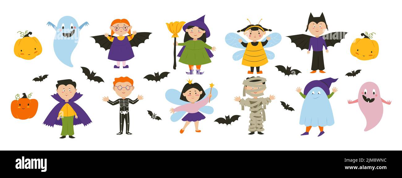 Bambini in dracula, strega, bat e fata costumi, Halloween party personaggi set. Illustrazione vettoriale Illustrazione Vettoriale