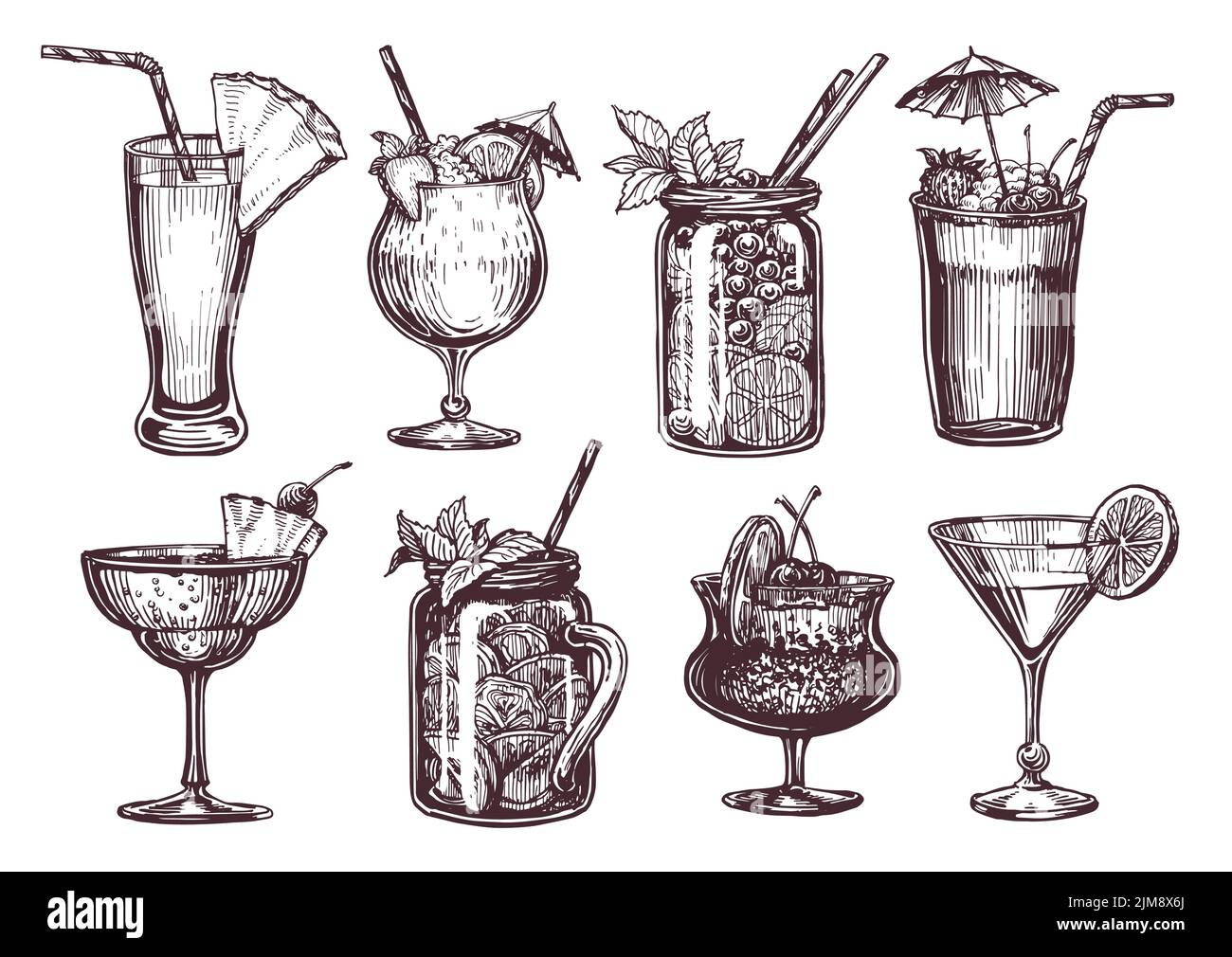 Cocktail alcolici a scelta. Bevande disegnate a mano in stile schizzo per un menu del ristorante o del bar. Illustrazione dell'incisione vettoriale Illustrazione Vettoriale