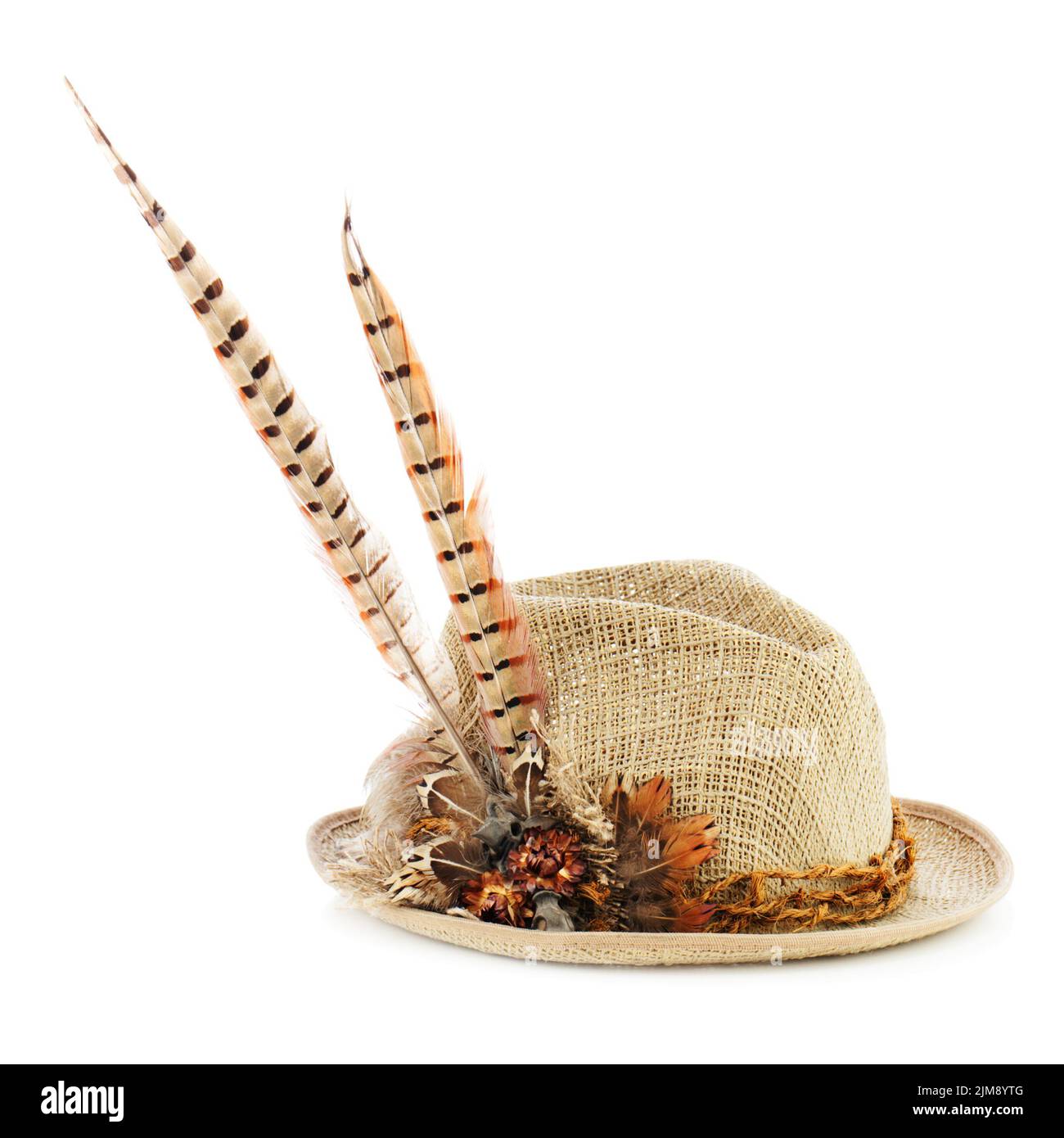 La caccia con cappello di Piume fagiano isolati su whi Foto Stock