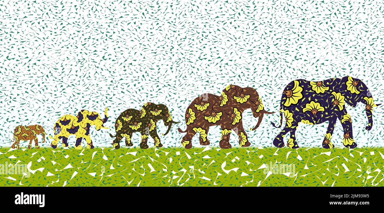 Elefanti etnici, Africa o Thai Stampa tessuto sfondo batik, ornamento fatto a mano per il vostro disegno, fiori Afro colorati motivi tribali. Animale vettoriale Illustrazione Vettoriale