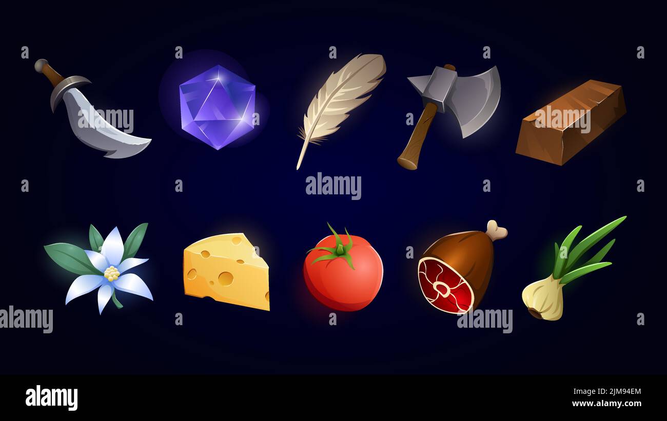 Elementi grafici per videogiochi. Cibo e attrezzi. Illustrazione vettoriale Illustrazione Vettoriale