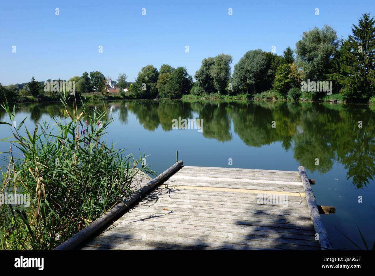Laghetto con pontile di balneazione Foto Stock