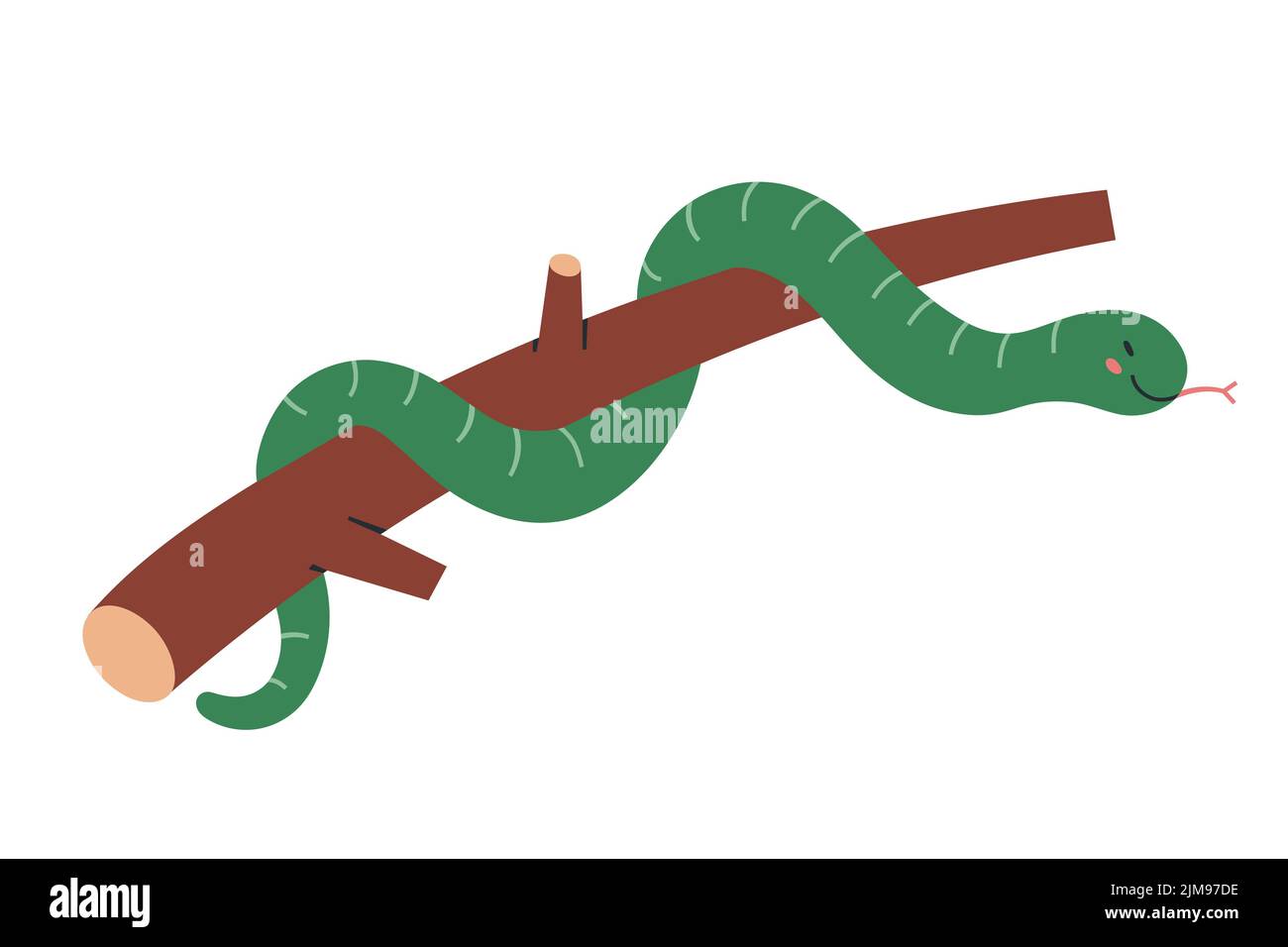 Carino boa, sorridente serpente giungla personaggio appeso su un ramo di albero, animale tropicale foresta pluviale, isolato vettore illustrazione su sfondo bianco Illustrazione Vettoriale