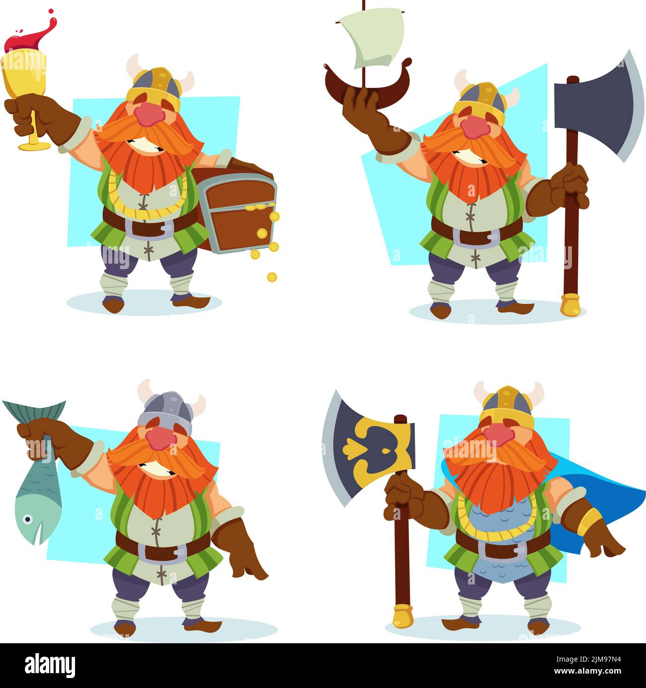 Collezione di carino cartone animato viking in costume che tiene pesce, bicchiere di vino, scatola d'oro, spada Illustrazione Vettoriale