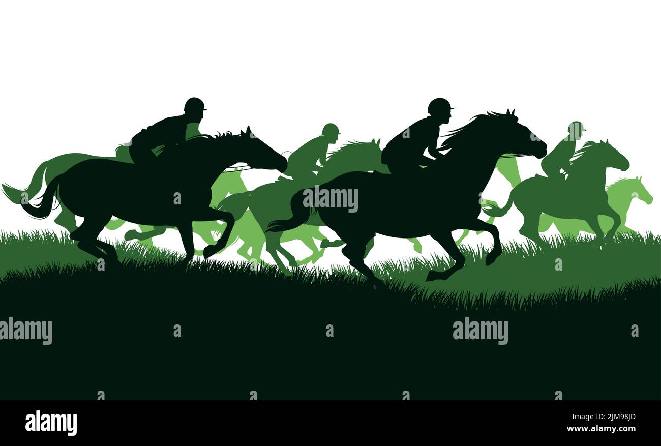 Concorso di jockey. I cavalli cavalcano velocemente. Silhouette dell'immagine. Sport e animali domestici sportivi. Isolato su sfondo bianco. Vettore Illustrazione Vettoriale