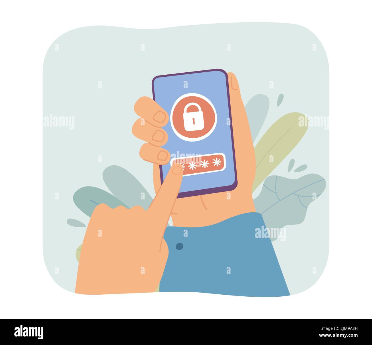 Telefono portatile con blocco schermo immagine vettoriale piatta. Persona che immette il codice PIN o la password sullo smartphone. Sicurezza, sicurezza, concetto di protezione Illustrazione Vettoriale