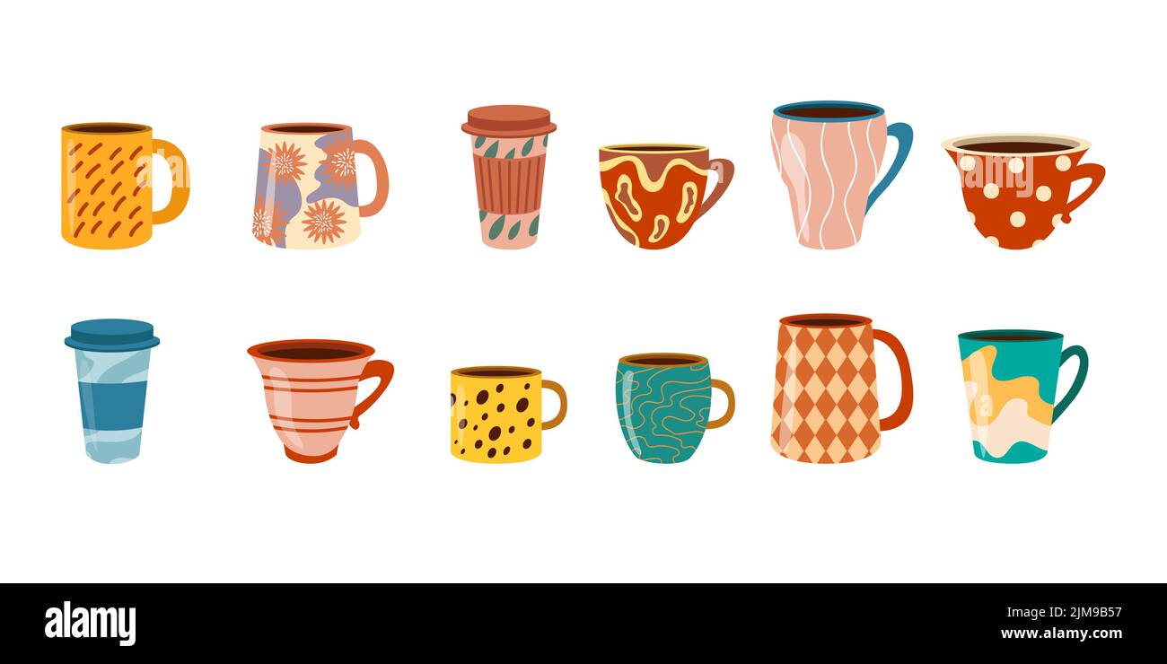 Set di illustrazioni cartoon colorato in porcellana con caffè e tè. Tazze in ceramica per matcha, bevande diverse e bevande con simpatico motivo scandinavo Illustrazione Vettoriale