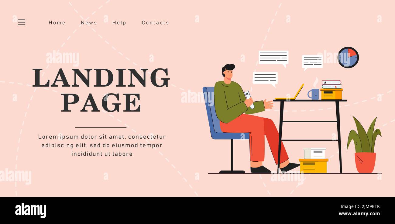 Uomo arrabbiato seduto al tavolo che chiacchiera con il computer portatile. Persona di sesso maschile che ha cattiva conversazione con l'amico. Comunicazione, reti sociali, concetto di problemi per b Illustrazione Vettoriale