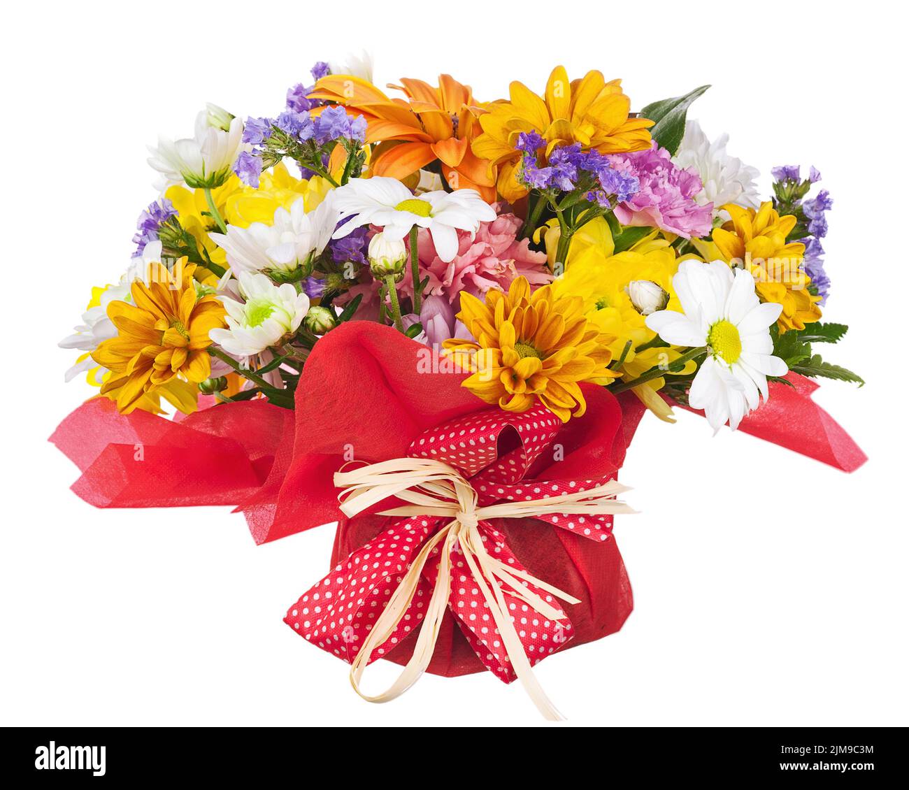 Bouquet di gerbera, garofani e altri fiori isolati su bianco. Foto Stock