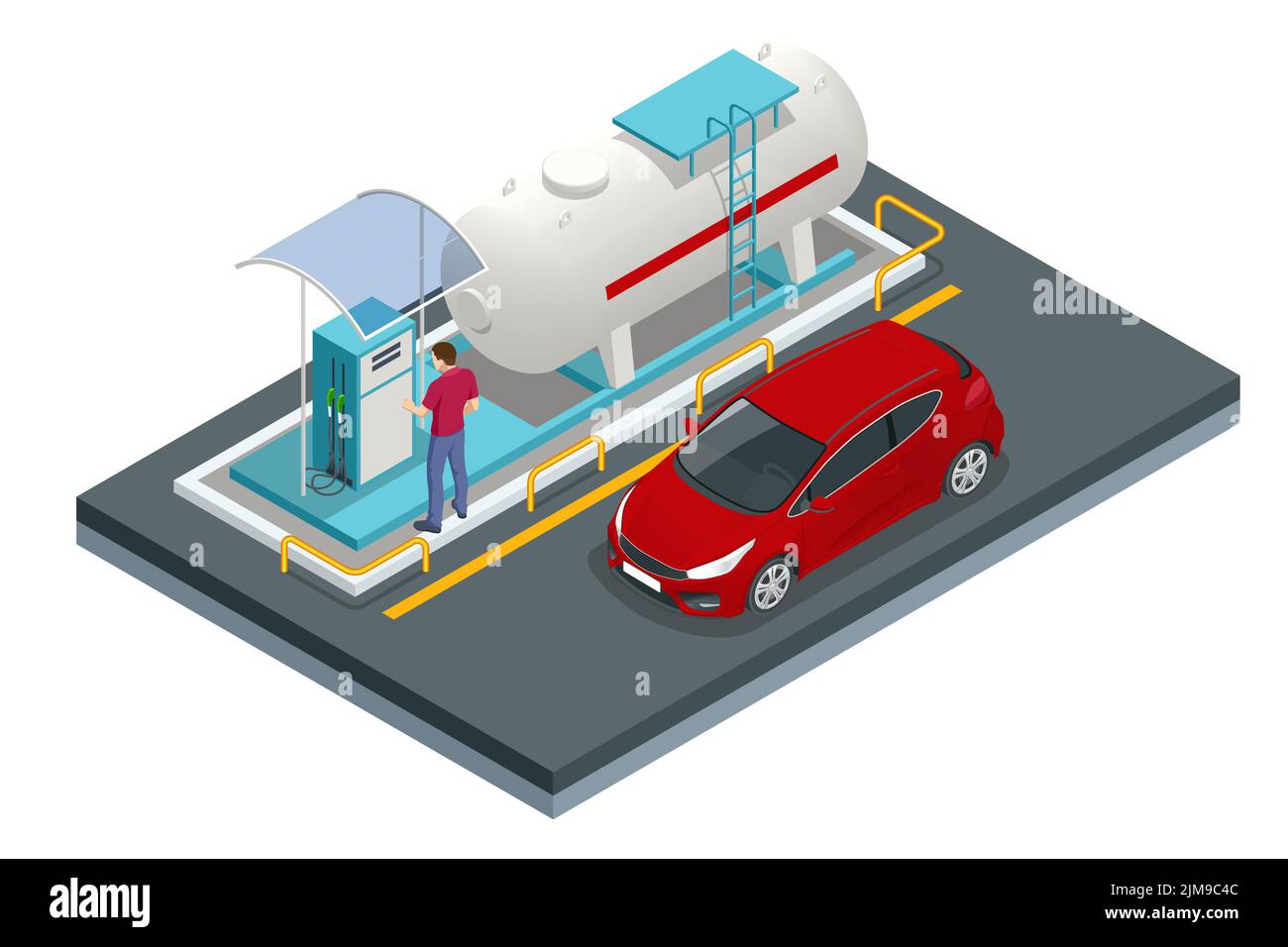 Colonna isometrica con tubo flessibile per rifornimento auto. Rifornimento di carburante rifornimento di auto con gas liquefatto presso la stazione di servizio dell'auto. Cilindro cilindrico grande con naturale Illustrazione Vettoriale