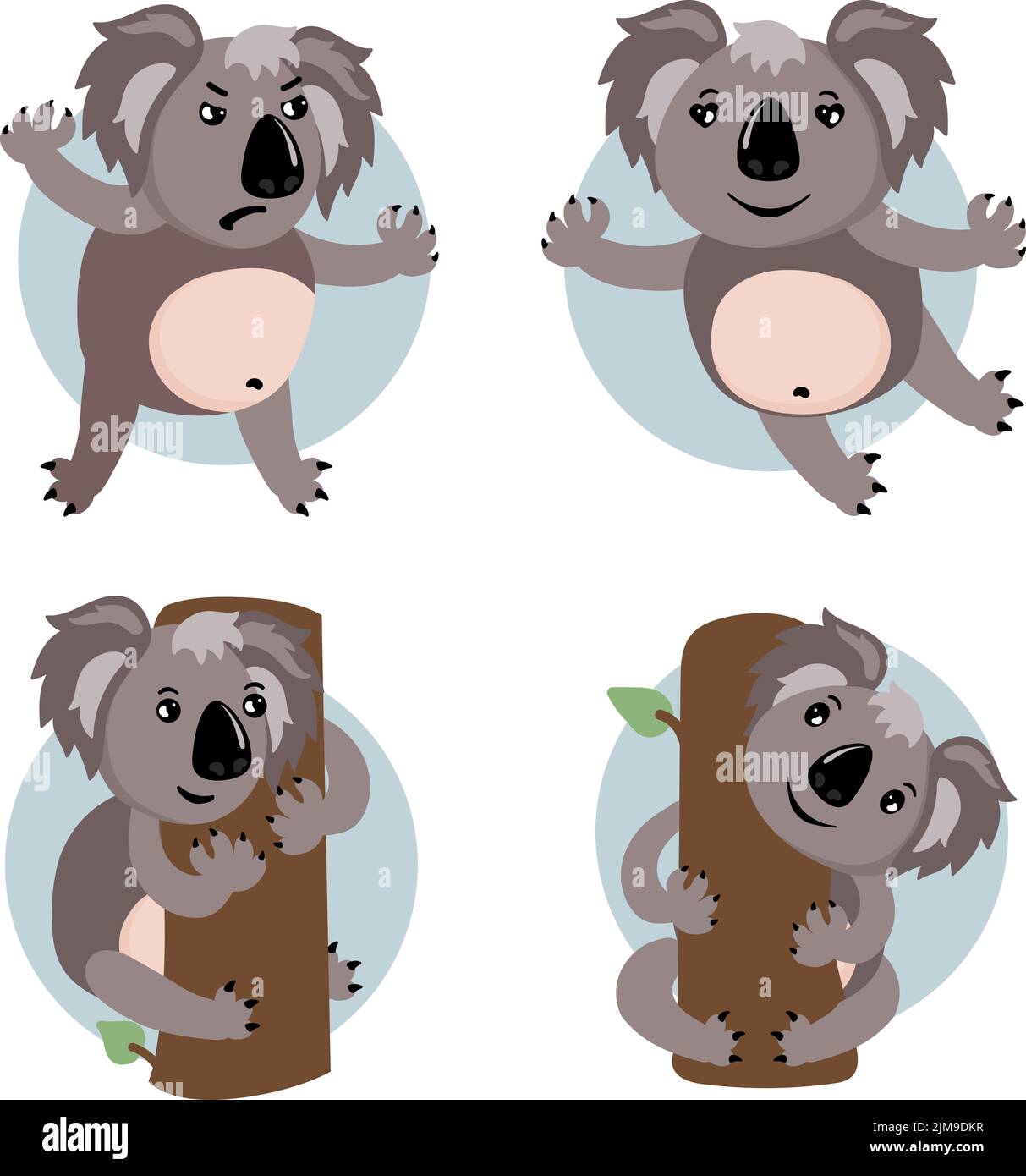 Set di carino personaggio koala cartoon arrabbiato, abbracciare albero eucalipto, rilassante Illustrazione Vettoriale