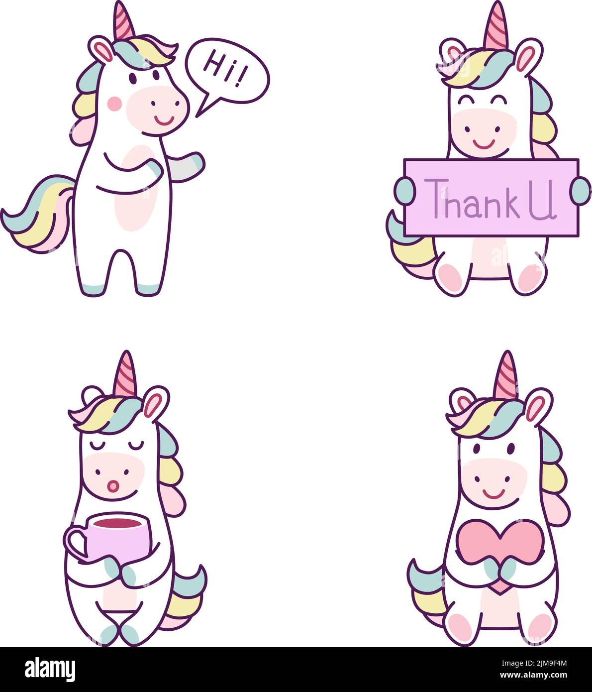 Set di simpatici unicorni disegnati a mano che dicono ciao e grazie, tenendo la tazza di caffè e il cuore Illustrazione Vettoriale