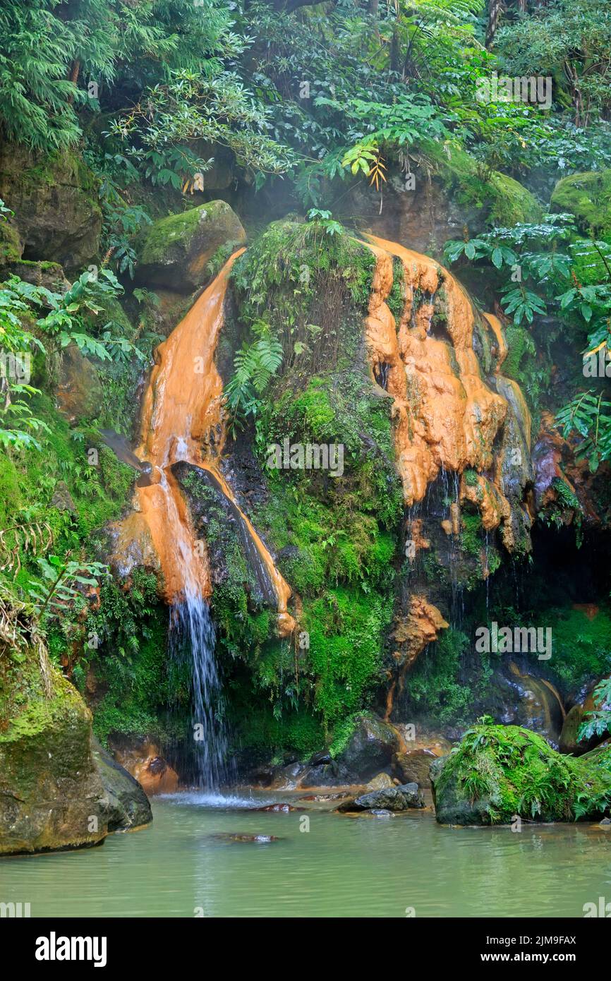 Piscina termale Caldeira Velha, isola di Sao Miguel Foto Stock