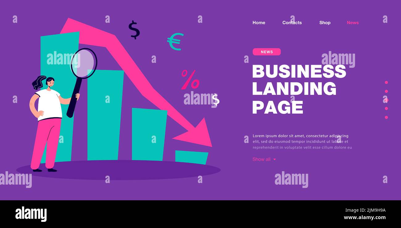 Ragazza con lente d'ingrandimento guardando il diagramma. Diagramma di reddito e spese con il dollaro, segno di percento l'illustrazione piatta del vettore. Co. Analisi valutaria Illustrazione Vettoriale