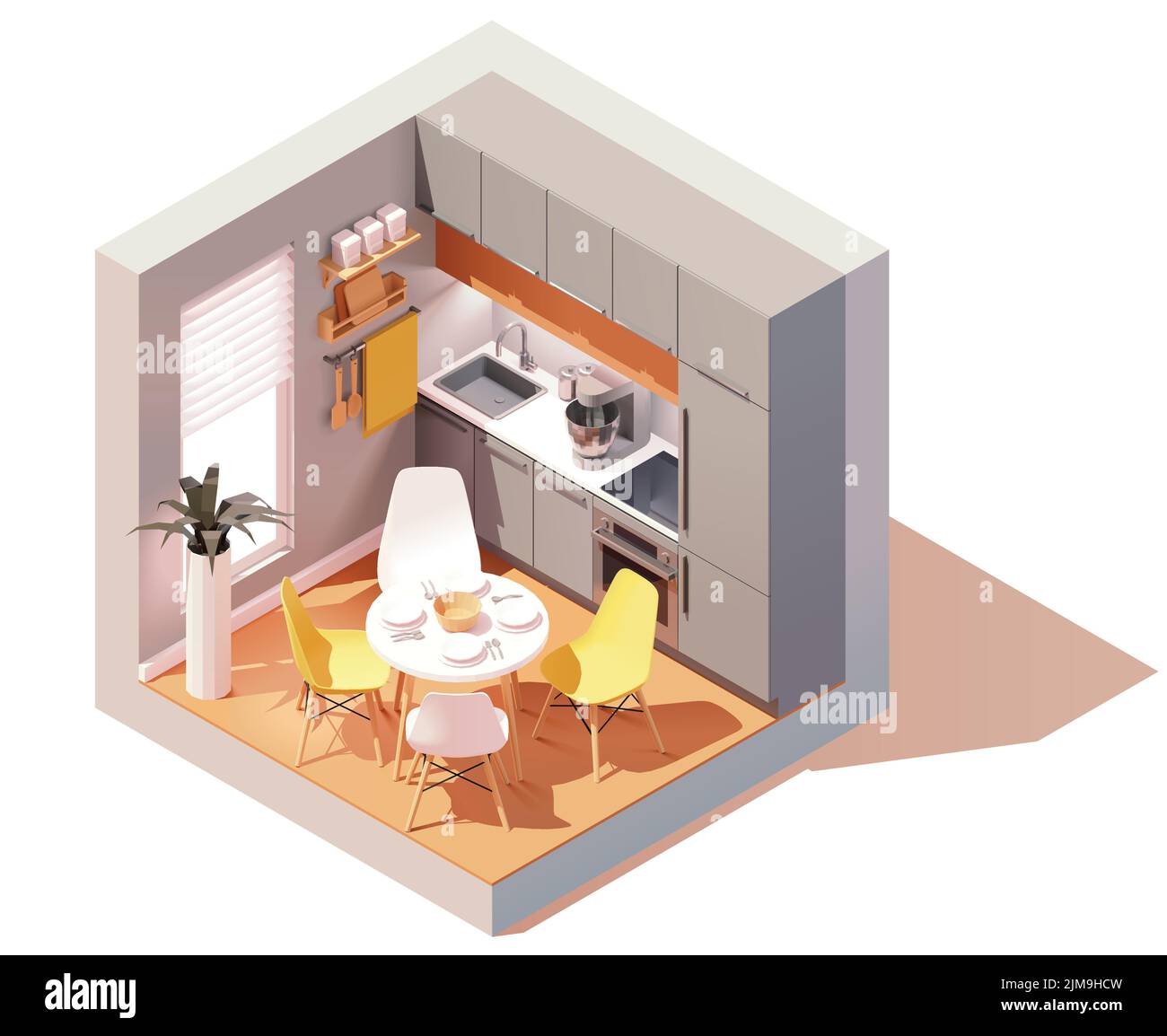 Moderna cucina isometrica vettoriale. Tavolo da pranzo con sedie, mobili moderni, piano cottura, forno, frigorifero. Illustrazione della sezione trasversale in poli bassa. Illustrazione Vettoriale