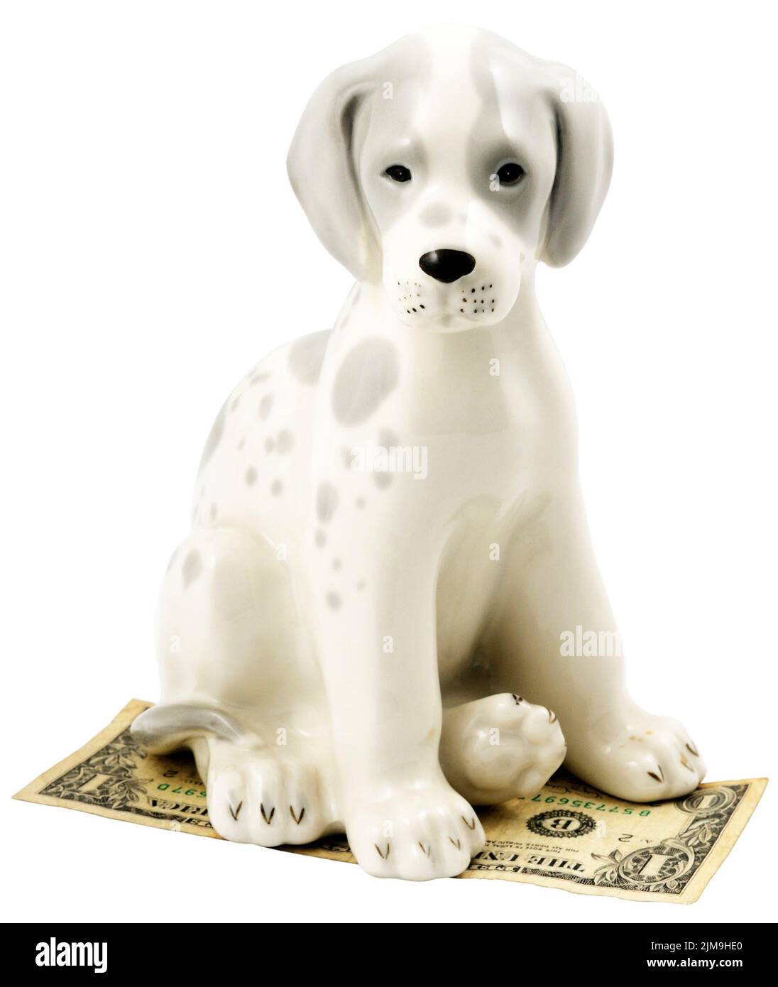 Statuetta di cane seduto sulla banconota Foto Stock