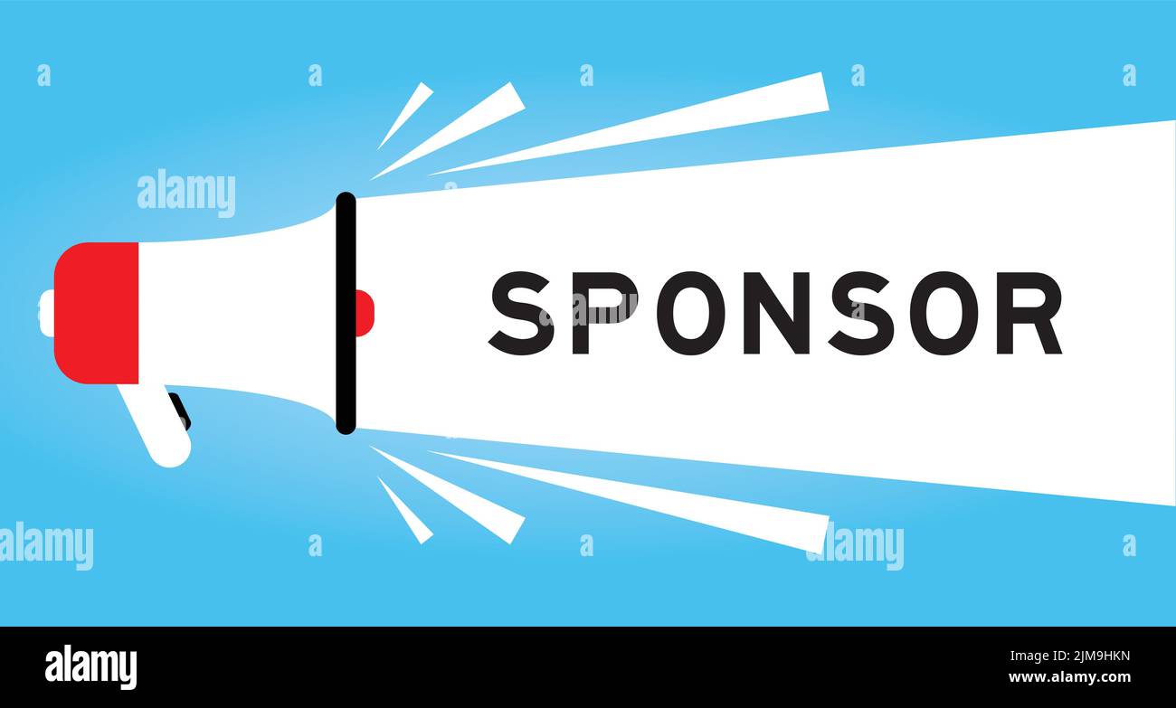 Icona megaphone a colori con sponsor di parola in banner bianco su sfondo blu Illustrazione Vettoriale