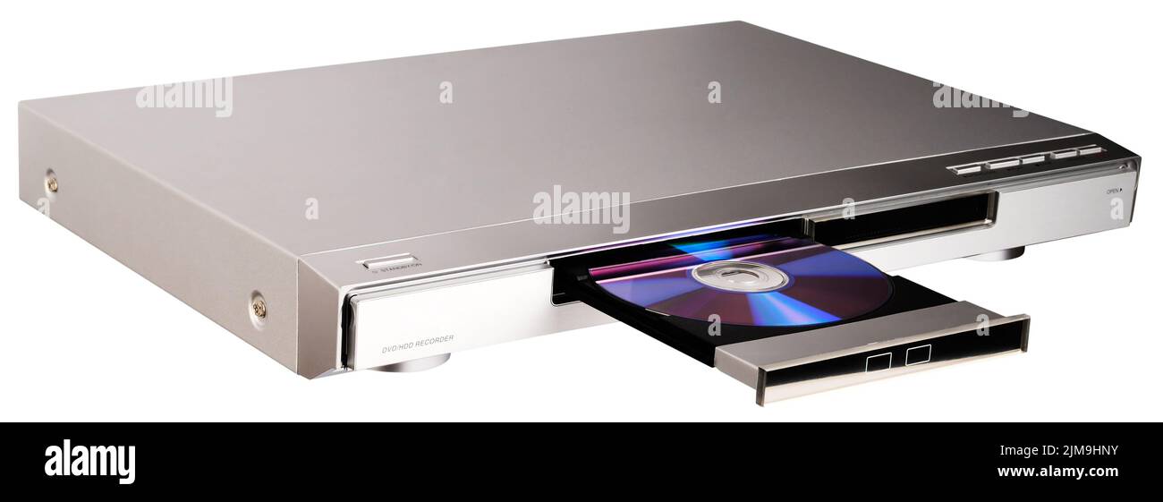 Lettore DVD con cassetto aperto isolato sul bianco Foto Stock