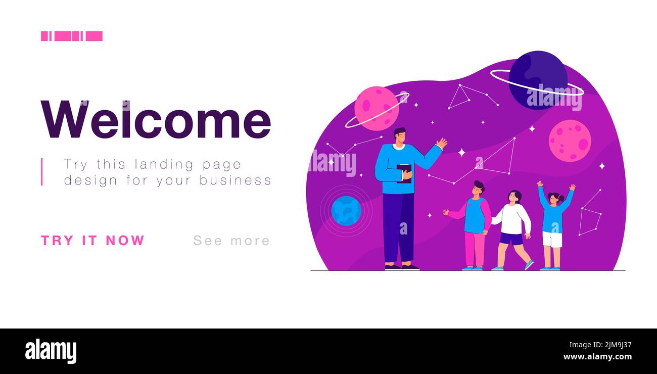 Insegnante di sesso maschile che racconta ai bambini del sistema solare nell'osservatorio. Gita scolastica al planetario illustrazione vettoriale piatta. Educazione, astronomia, concetto di spazio Illustrazione Vettoriale