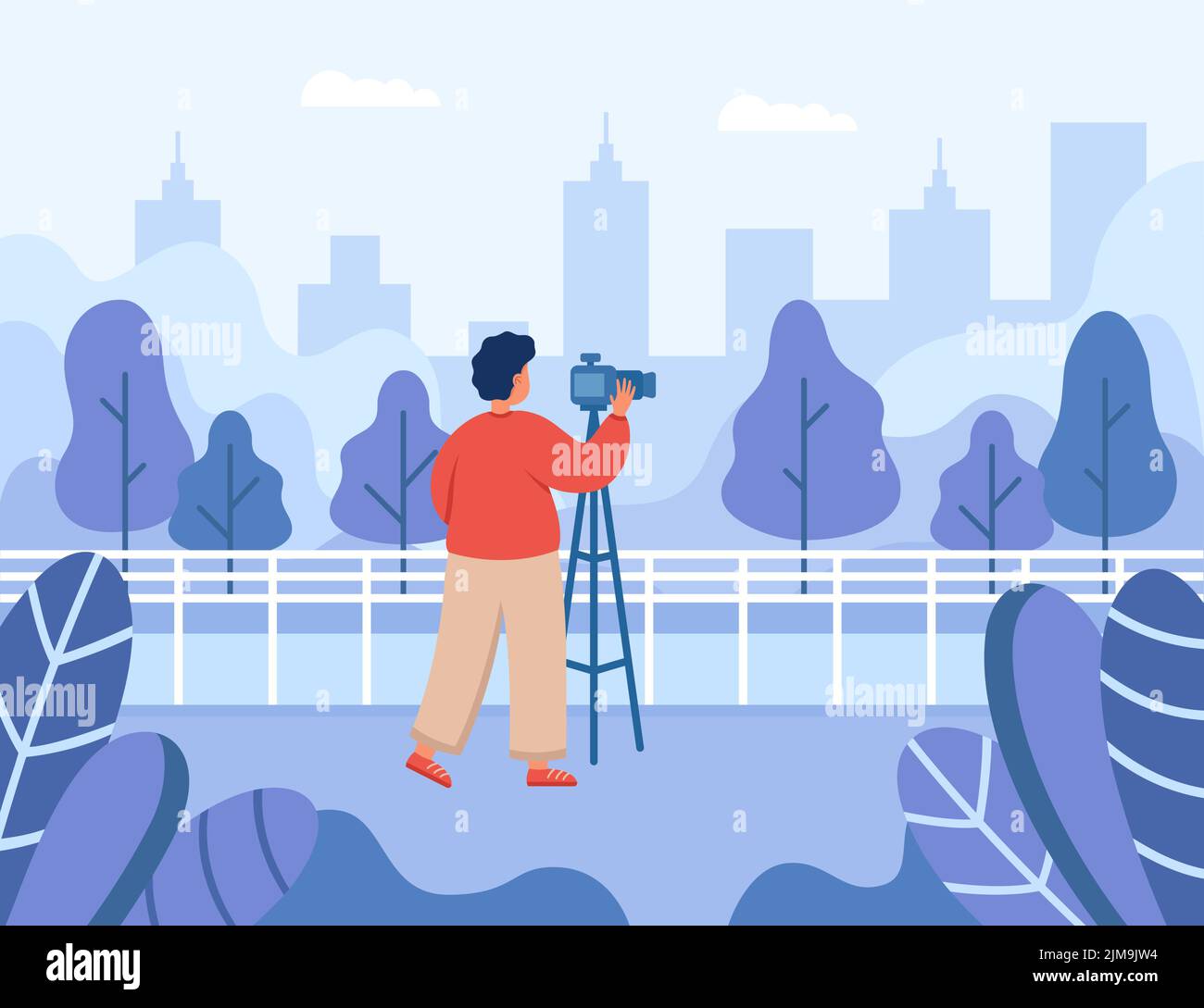 Fotografo professionista che fotografa il paesaggio della città. Uomo con macchina fotografica su treppiede immagine vettoriale piatta. Fotografia, viaggi, natura conc Illustrazione Vettoriale