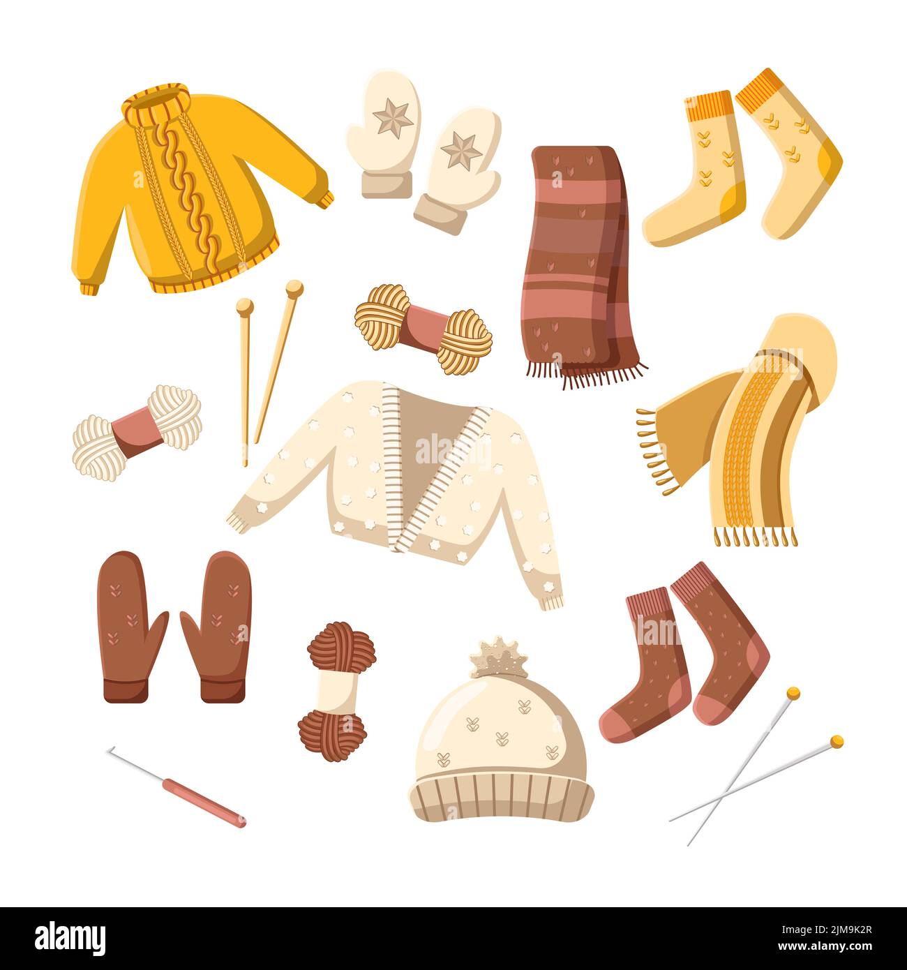 Maglieria stagionale in lana vettoriale set di illustrazioni. Crochet, cappello di lana fatto a mano, sciarpa, maglione, jumper o pullover, dolcevita su sfondo bianco Illustrazione Vettoriale