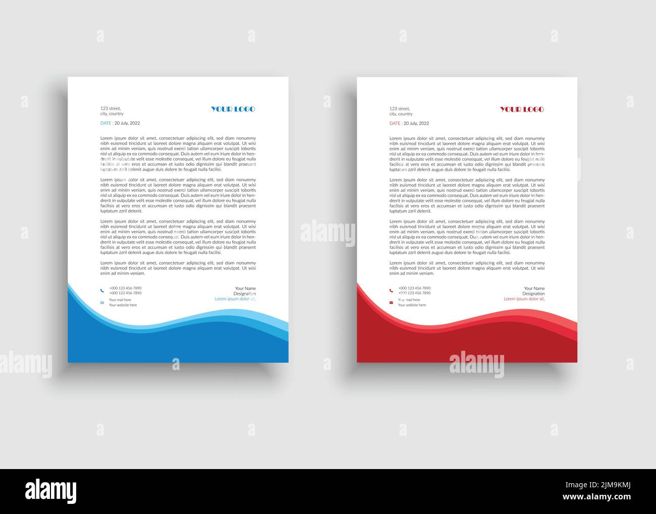 Modern & Corporate disegno di modello di carta intestata a forma geometrica scorrevole - disegno di carta intestata a forma scorrevole rossa - disegno di carta intestata a forma scorrevole blu Illustrazione Vettoriale
