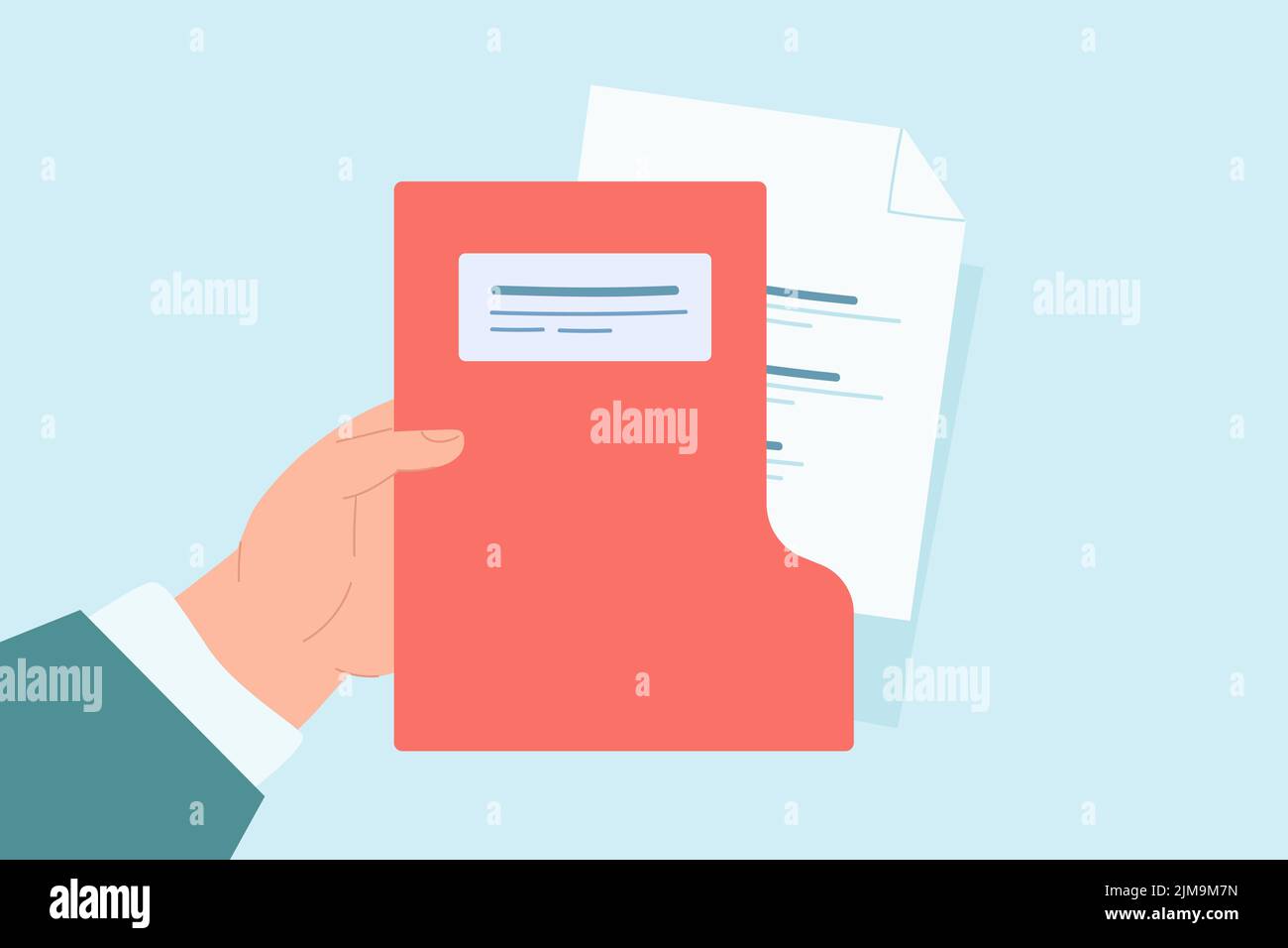 Piegatrice con tenuta a mano maschio con illustrazione vettoriale piatta dei documenti. Un uomo d'affari che detiene documenti di archivio rosso, importanti documenti di affari o immobili. Cancellatore Illustrazione Vettoriale