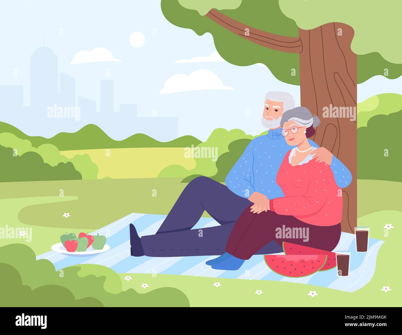 Uomo vecchio e donna che hanno pic-nic sotto l'albero nel parco. Scena carina con coppia anziana che passa il tempo insieme illustrazione vettoriale piatta. Famiglia, vacanze, l Illustrazione Vettoriale