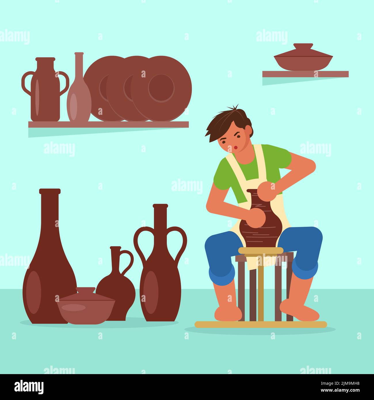 Vasaio giovane che fa vaso di argilla su ruota di ceramica in laboratorio di ceramica o studio. Illustrazione vettoriale in stile piatto. Hobby artigianale e ceramica artigianale conc Illustrazione Vettoriale